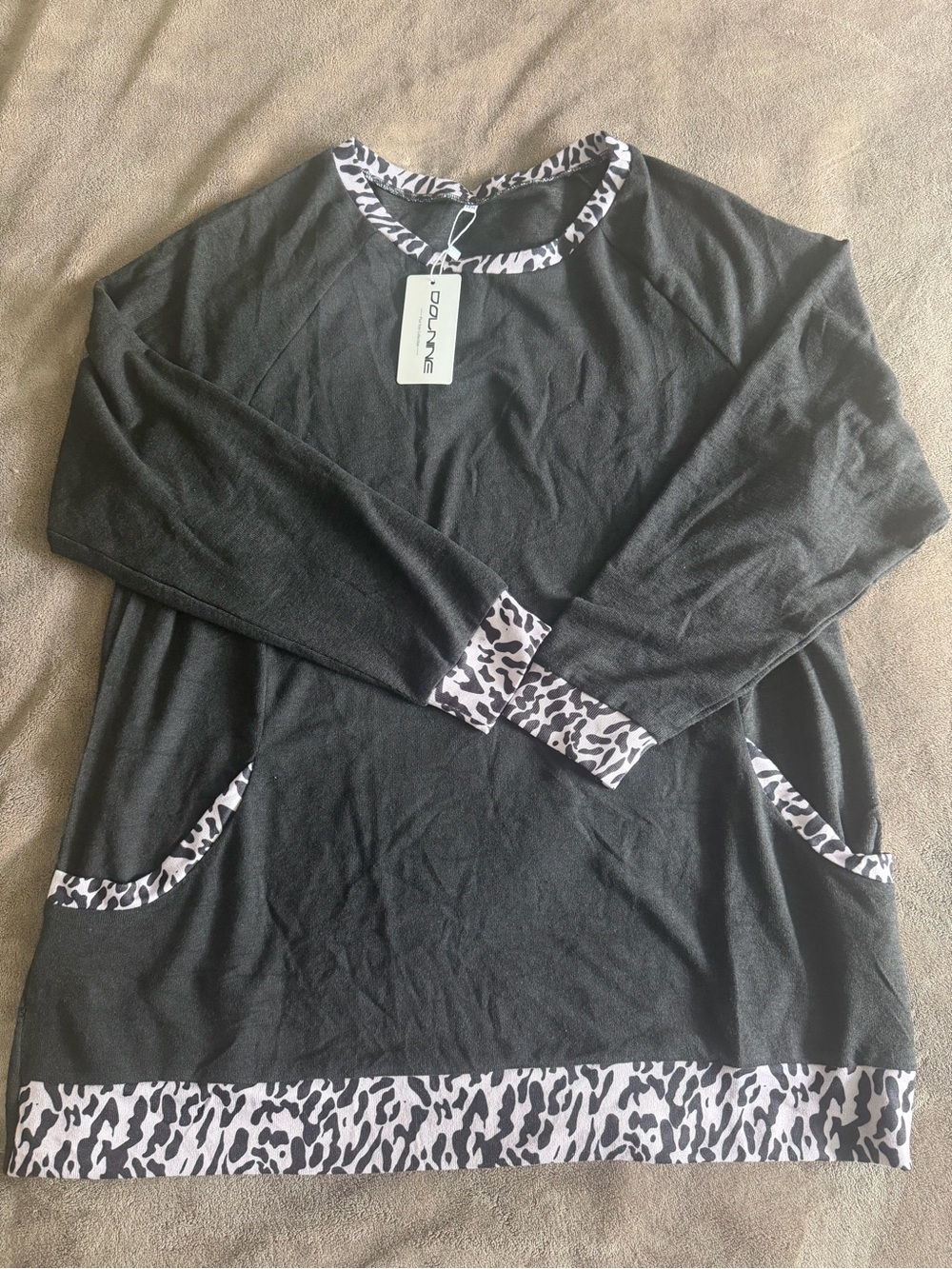 dolan Black Crewneck Sweater with White & Black Leopard Trim